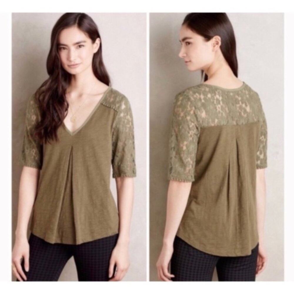 Meadow Rue Anthropologie Olive Green Lace Sleeve V-Neck Pleated Top XS
